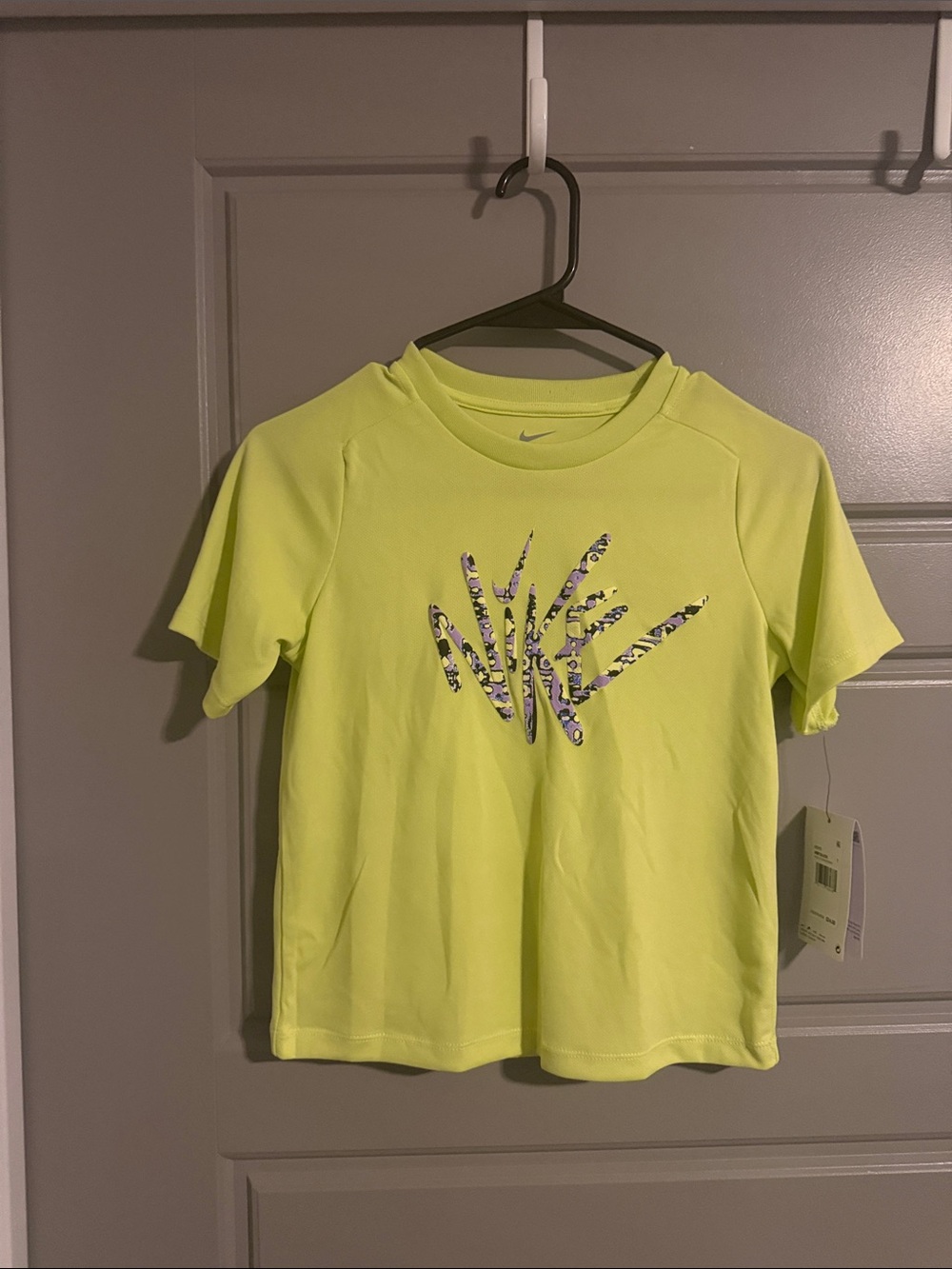 NWT Nike Kids Lemon Twist Yellow Short Sleeve Dri-Fit Tee with Patterned Swoosh